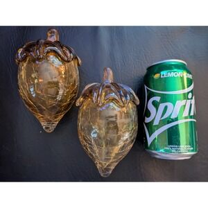 Set of 2 Amber Crackle Glass Acorn Decorative Objects Amber Tint 6 In Tall